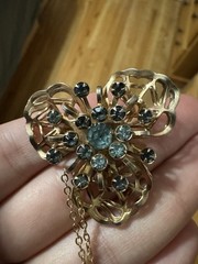 Judy Lee Style floral brooch Necklace blue rhinestones in a gold-tone filigree