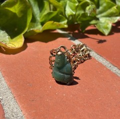 Vintage Double Link 12K 1/20 Gold Filled Green Carved Stone Charm Bracelet