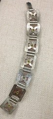 Vintage Silver Tone Etched Panel Bracelet Chunky Blue Faux Stone Statement 6.75”
