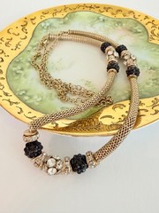 VCLM Gold Tone Mesh Necklace Black Crystal Rhinestone Statement Necklace