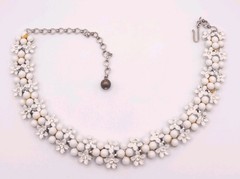 VTG Charel White Enamel Daisy Beaded Rhinestone Choker Necklace