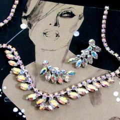 VTG EXQUISITE B DAVID AB RHINESTONE NECKLACE CLIP EARRINGS Prong Set 60s EXC