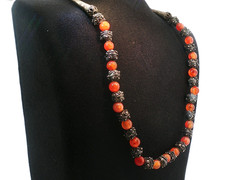 Vintage Orange Stone Bead Necklace – Ornate Metal Filigree Spacers, Boho Tribal