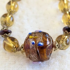 Vintage Brown Yellow Italian Wedding Cake Lampwork Knotted Glass Beaded Bracelet