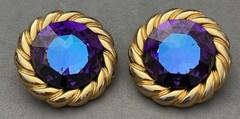 Rare Vintage Huge Round Faceted Vitrail AB Purple Rhinestone Clip on Earrings