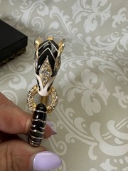 Vintage Jackie Collins Gold Black Enamel Panther Hinged Bracelet Rhinestones