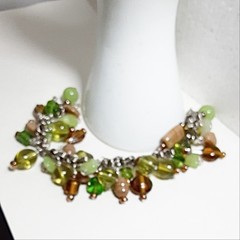 Bracelet upycled chain vtg beads green tan handmade size 7.5
