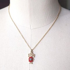Small Girl With Red Crystals Blue Stones Pendant Necklace Gold Tone Chain 16.5″