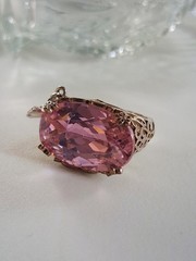 Pink Topaz CZ Statement Ring With Dangling Butterfly Charm 7 Sterling Silver
