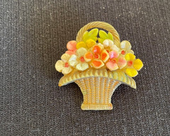Vintage FLOWER Basket Bouquet Celluloid Pinback Brooch Japan