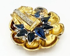 HTF Signed 1940s McClelland Barclay Gold-Tone Blue & Clear Rhinestone Dress Clip