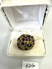 Vintage Gold Tone Rhinestone Dome Ring Purple Green Cocktail Statement Size8