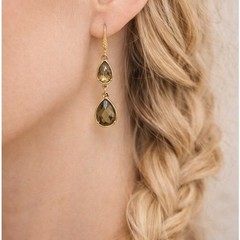 Vintage Drop Earrings Women Gold Tone Smoky Glass Teardrop Art Deco Leverback