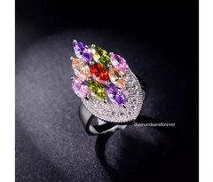 Marquise Shape Multi Color Gemstones & White Moissanite Cluster Ring 925 Sliver