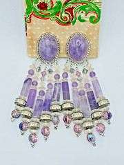 Elegant Classy Vintage Chipita Amethyst Stone Aurora Borealis Bead Clip Earrings