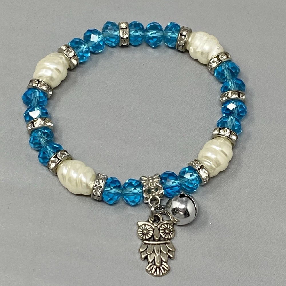 Blue Glass Beaded Bracelet Acrylic White Spacers Owl Bell Charm Stretch Elastic