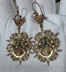 Rare Antique Victorian 14K Gold Earrings Basket Design With Pearl & Turquoise