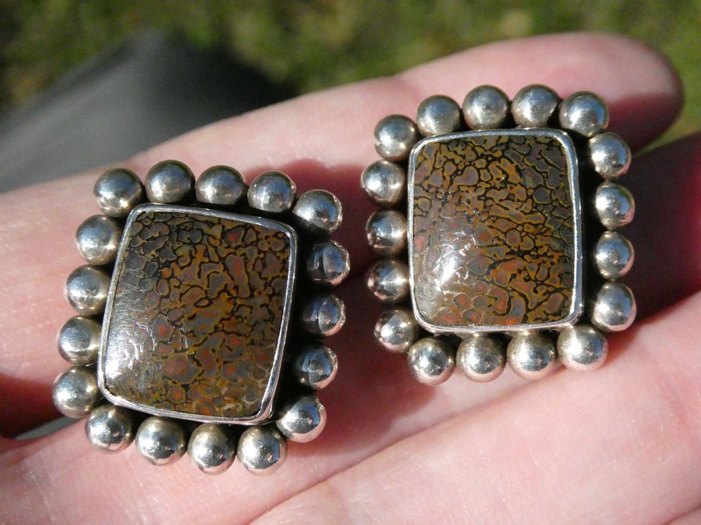 Stephen Dweck Sterling Silver Dinosaur Bone Clip on Earrings 25.3g .75 In AS IS