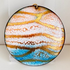 Vintage Enamel on Copper Jewelry Set Abstract Blue Gold White Earrings Pendant