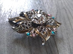 Floral Rhinestone Brooch 2.5in Vintage Pink Blue Clear Gold Tone Flower