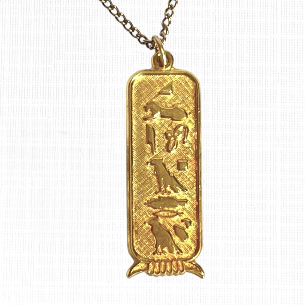 Vintage Egyptian Hieroglyphic Pendant Necklace Gold Tone Cartouche Charm 24″