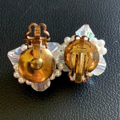 Vintage Japan Pearl Cluster Clip On Earrings AB Crystal Beaded
