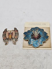 Vintage Cloisonne Brooch Lot Of 2, 1 Flower, 1 Butterfly. Unmarked