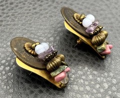 Vintage Brass Tone Asian Coin Cluster 80s Pierced Earrings Semi Precious Chips