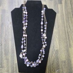 Long Layered Amethyst Chalcedony Crystal Bead Necklace Purple Pink Gold Tone