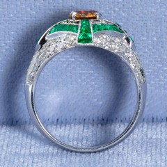 Fancy Vivid Orange Yellow Citrine, French Cut Emerald & White CZ Art Deco Ring