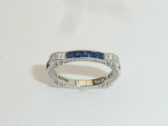 1/2 CTW Blue Baguette CZ Art Deco Antique Style Wedding Band Ring In 925 Silver