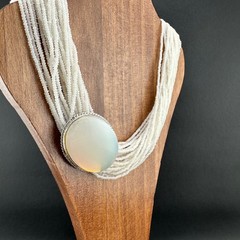 Vintage Seed Bead Opalite Necklace Multi Strand Large Oval Station Pendant 17″
