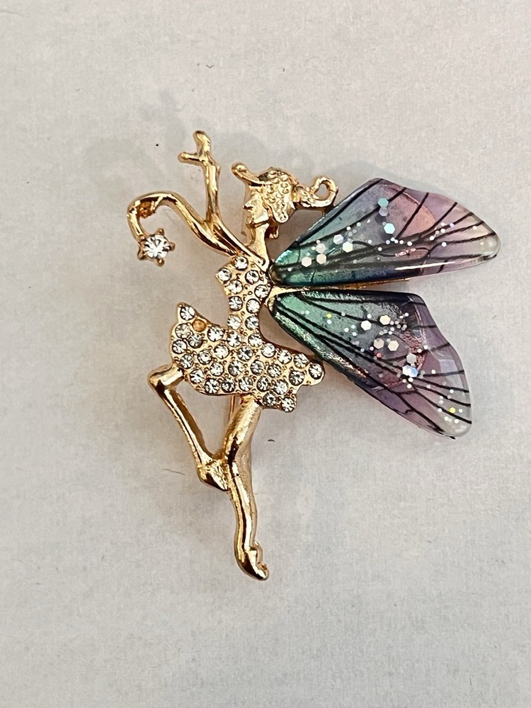 Fairy Brooch Pin – Gold Tone Rhinestone with Iridescent Purple Glitter Wings