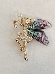 Fairy Brooch Pin – Gold Tone Rhinestone with Iridescent Purple Glitter Wings