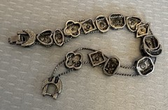 50s Vintage Victorian Revival Jeweled Slide Charm Bracelet Silvertone Enamel 7”