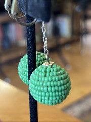 Vintage Green Glass Seed Bead Dangle Drop Clip On Earrings Go Go Style 2”