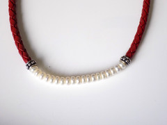 Vintage Honora Pearl Collar Necklace Red Braided Leather 925 Sterling Silver