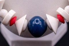Vintage 60s 70s Mod Plastic Bead Necklace Red White Blue Geometric Lucite