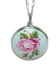 BEAUTIFUL Blue & PINK ROSE Antique STERLING ENAMEL GUILLOCHE Locket