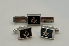 Vintage Anson Freemason Masonic Cufflinks Tie Bar Set Black Enamel Original Box