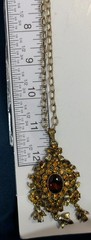 Vintage 60s Hollycraft Ornate Rhinestone Necklace Pendant Yellow Brown Gold Tone