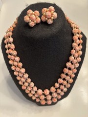 Vtg Japan Multi-Strand Necklace Clip Earrings Set Beaded Gold Toned Both Stamped