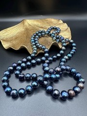 44″ 10mm Black Potato Pearl Necklace Blue Green Long Rope Handknotted