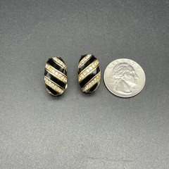 Vtg Christian Dior Black Enamel Crystal Pave Clip Earrings Gold Tone Swirl 80’s