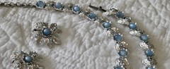 Vintage Judy Lee 3-pc Set, Silver Tone Leaf Blue Moonstone, Clip-Ons