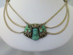 Antique Vintage 1920s EGYPTIAN REVIVAL NECKLACE art deco green czech glass
