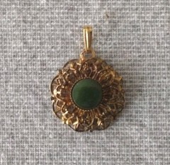 Vintage PENDANT Gold Tone Filigree Round with Round Green Stone Center