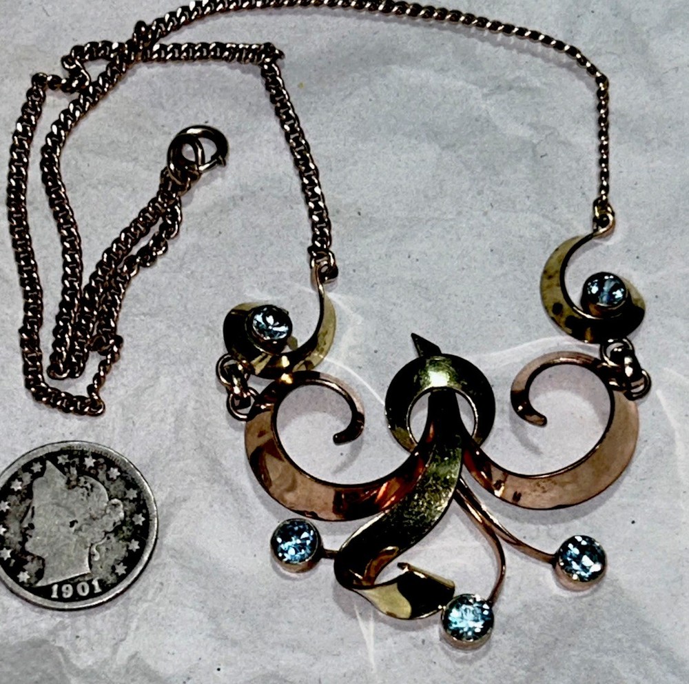 H S B Necklace 1/20 12k Rose Yellow Gold Filled FIVE Sparkling Blue ZIRCONS !!!!