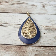 Vintage Pendant – Teardrop Shape Dark Blue & Gold Tone – No Chain Included