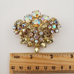Vintage Rhinestone Brooch Aurora Borealis Yellow Marquise Gold Tone Fan Shape